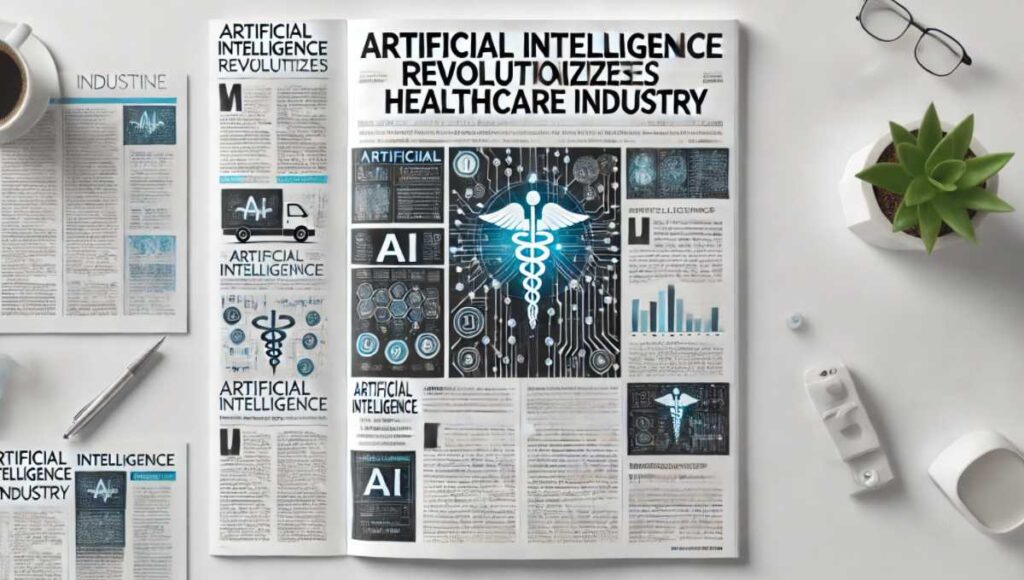 「Artificial Intelligence Revolutionizes Healthcare Industry」という見出しをフィーチャーした専門誌の記事風の画像です。デザインはプロフェッショナルでモダンなスタイルで、カラム形式のテキストやヘルスケアとAIに関連する画像が含まれています。