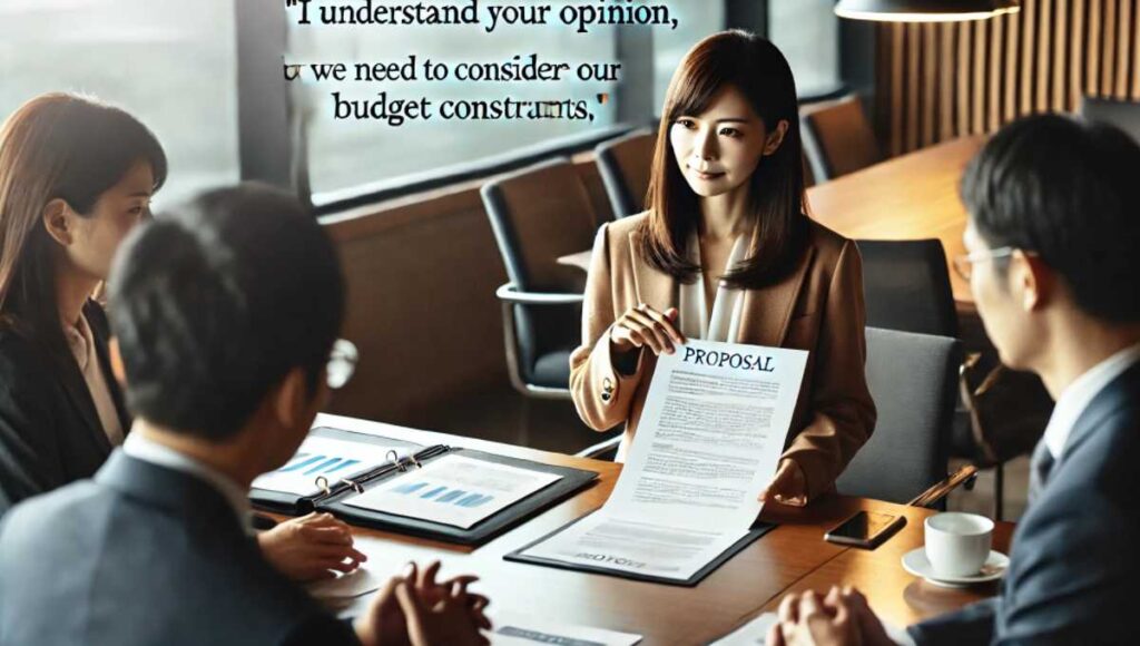 会議室で日本人女性が提案書を見ながら話し合っているシーン。彼女が提案書を指さしながら、他の人に意見を求めている様子。テキストオーバーレイ：「I understand your opinion, but we need to consider our budget constraints.」
