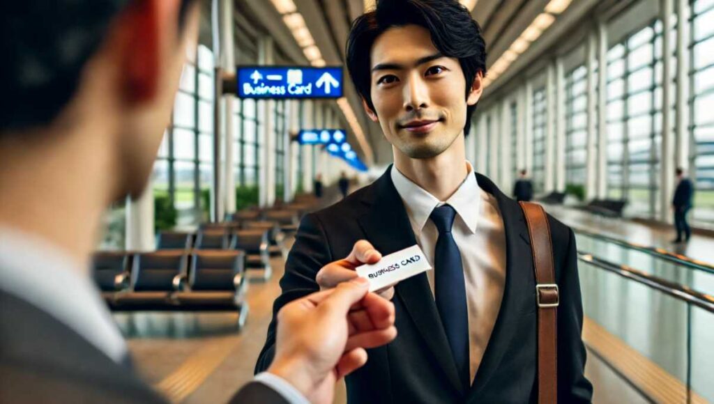 日本人のビジネスマンが「Here is my business card.」と言いながら、相手に名刺を渡しているシーン。背景には空港やホテルのロビーが見える。