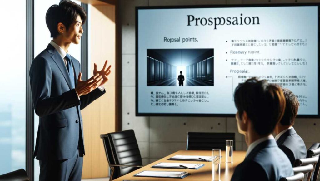 提案を行う際の、明確で説得力のある表現を示すプロフェッショナルな日本人ビジネスマン。モダンな会議室で、プロジェクタースクリーンに提案の要点を表示し、スーツを着て自信を持って聴衆に話しかけている。