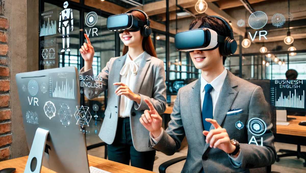日本人の男性と女性がVRヘッドセットを着用し、AIインターフェースを使用してビジネス英語を学習している。現代的なオフィス環境で、プロフェッショナルかつハイテクな雰囲気。