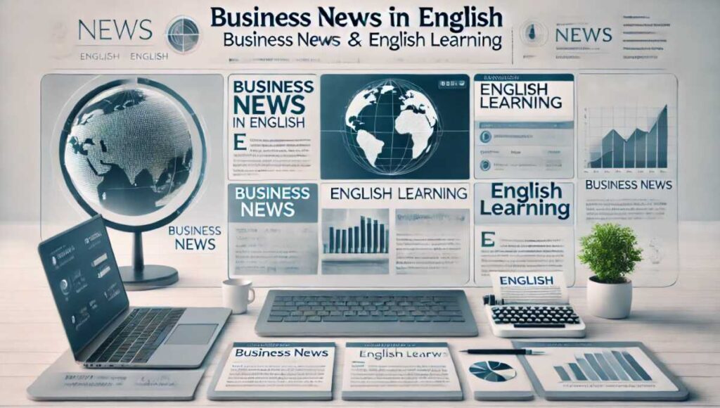 英語学習とビジネスニュースに焦点を当てたネットの英字ニュース画面の画像です。モダンなデジタルニュースプラットフォームを模したレイアウトで、明確な見出しや異なる記事のセクションがあり、プレースホルダーテキストが含まれています。