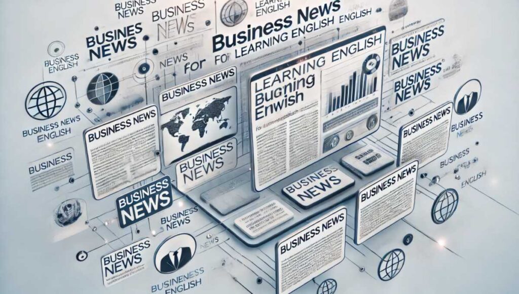 ビジネスニュースを活用した英語学習の様子を描いた画像です。デジタルニュースプラットフォームを模したレイアウトで、ビジネスニュース記事の見出しやテキストが表示されています。