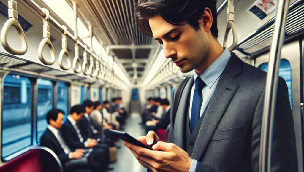 日本のビジネスマンが通勤途中でスマホを使って英語のビジネスニュースを読んでいる様子を描いた画像です。典型的な日本の通勤電車内のシーンで、スーツを着たビジネスマンがスマホに集中しています。背景には他の通勤者も描かれています。