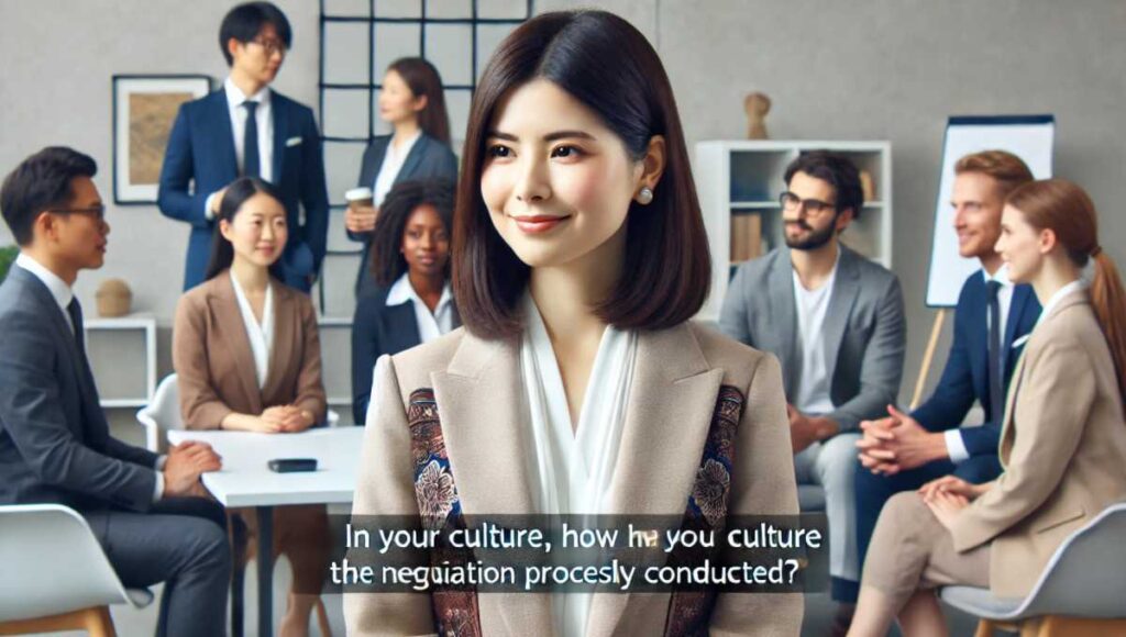 近代的で多文化なオフィス環境で、異なる文化背景を持つ人々が交渉プロセスに参加しているシーン。現代的なオフィス服装をした日本人女性が「In your culture, how is the negotiation process usually conducted?」と尋ねている。雰囲気はプロフェッショナルで尊重し合っている。