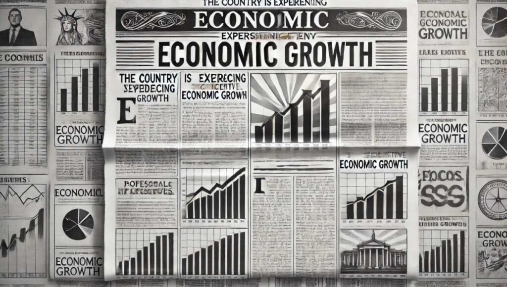 経済新聞風の画像で、「The country is experiencing significant economic growth.」の見出しが表示されています。プロフェッショナルな新聞のレイアウトで、縦書きのカラムや太字の見出し、記事を模倣したプレースホルダーテキストが含まれています。