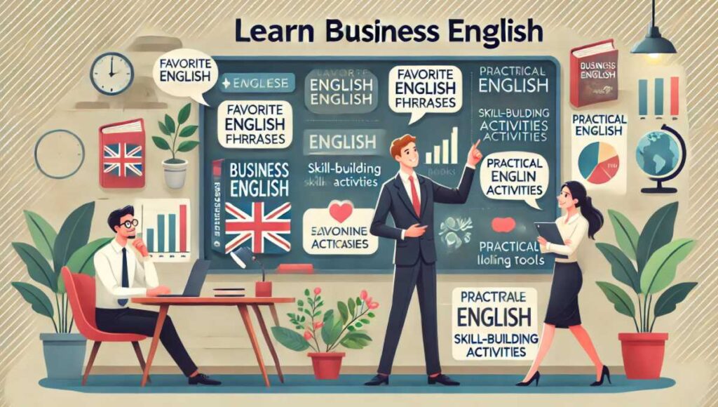 ビジネスプロフェッショナルが、ビジネス英語を効果的に学ぶ方法を指導しているシーン。プロフェッショナルは、学習方法や教材が表示されたボードを指しており、お気に入りの英語フレーズ、実践的なスキル構築活動、本、アプリ、オンラインリソースなどの学習ツールが含まれています。現代的なオフィスの設定で、プロフェッショナルは知識豊富で支援的な印象を与えています。