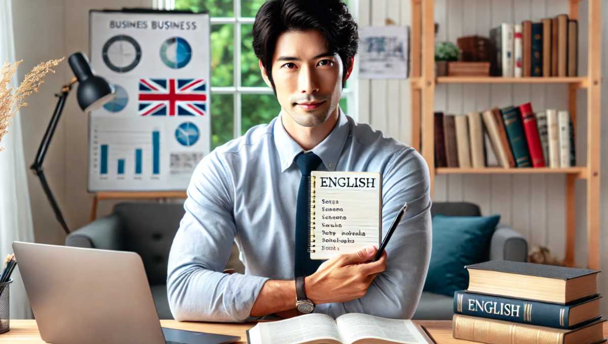 モダンなオフィスでノートパッドを持つ自信に満ちた表情の日本人ビジネスマン。本やラップトップに囲まれ、背景にはチャートやグラフなどのビジネスや学習を象徴する要素が配置されています。明るく学びに適した雰囲気です。