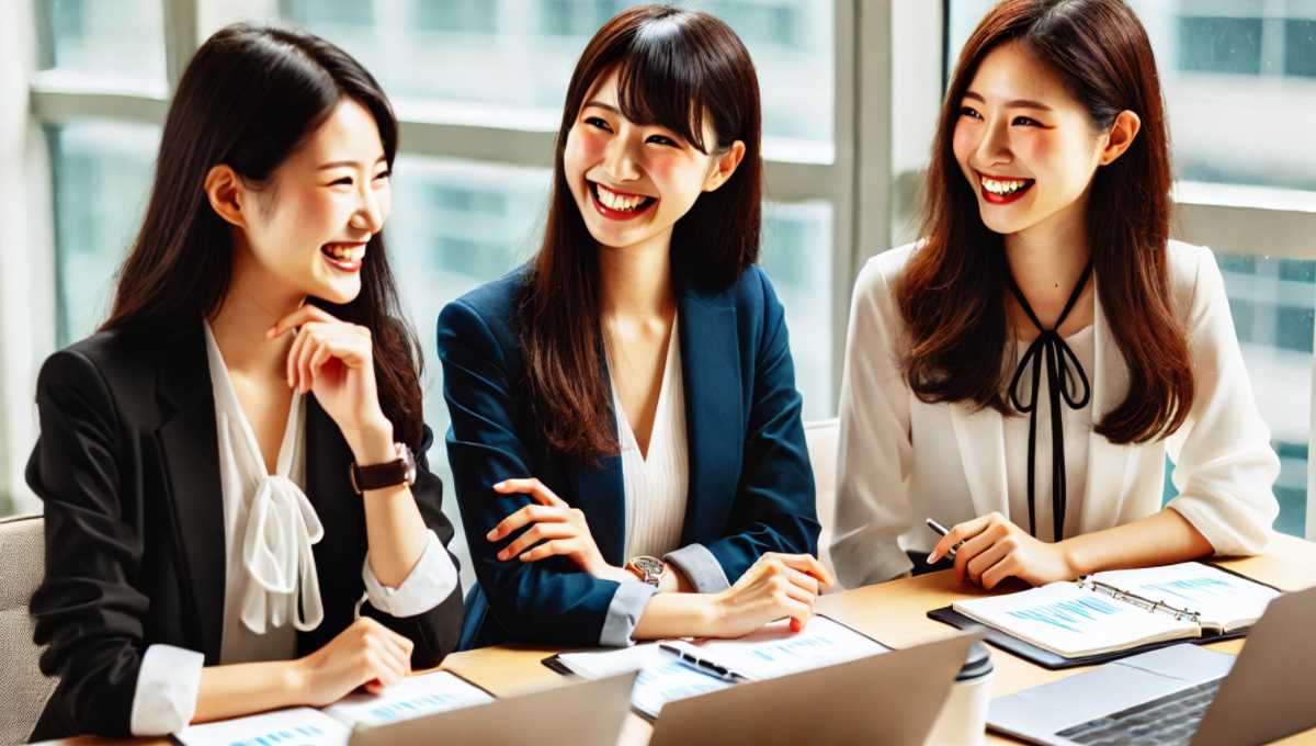 3人の若い日本人女性が英語で楽しく会話をしている様子が描かれています。現代的なオフィスのテーブルに座っている彼女たちの表情は生き生きとしており、積極的で協力的な雰囲気が感じられます。