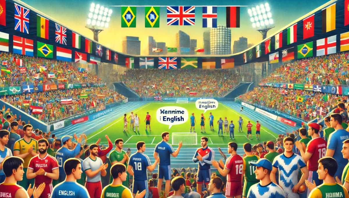 活気あるスポーツイベントで、多様な参加者が英語でコミュニケーションしている様子。色鮮やかなバナーと満員のスタジアム。