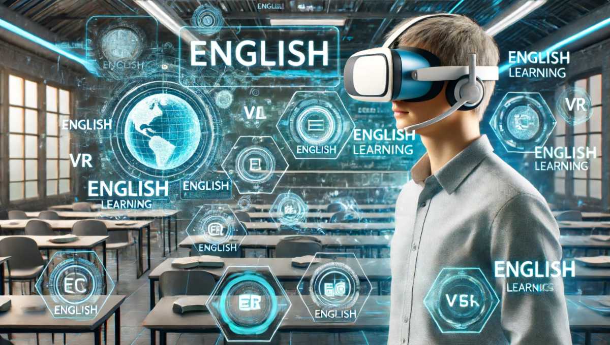 VRヘッドセットを装着した人物が近未来的な教室で英語の教材と対話している様子。浮かぶ英単語やホログラフィックスクリーンが学習をサポートし、VRを活用した英語学習のイメージを強調しています。