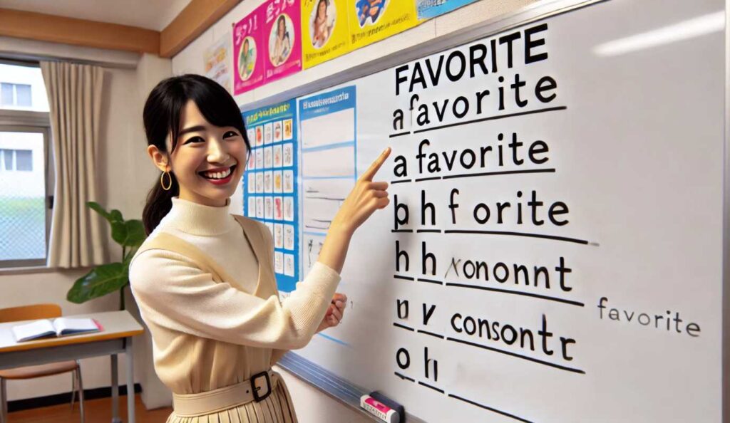 日本人女性が教室のホワイトボードの前に立ち、「favorite」という単語の発音を説明しています。単語は大きな文字で書かれ、母音と子音の構成が示されています。