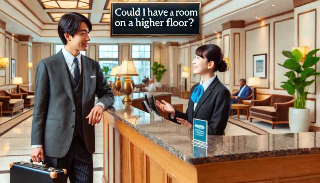 日本人のビジネスマンがアメリカのホテルのフロントで、チェックインをしながら「Could I have a room on a higher floor?」と話しているシーン。