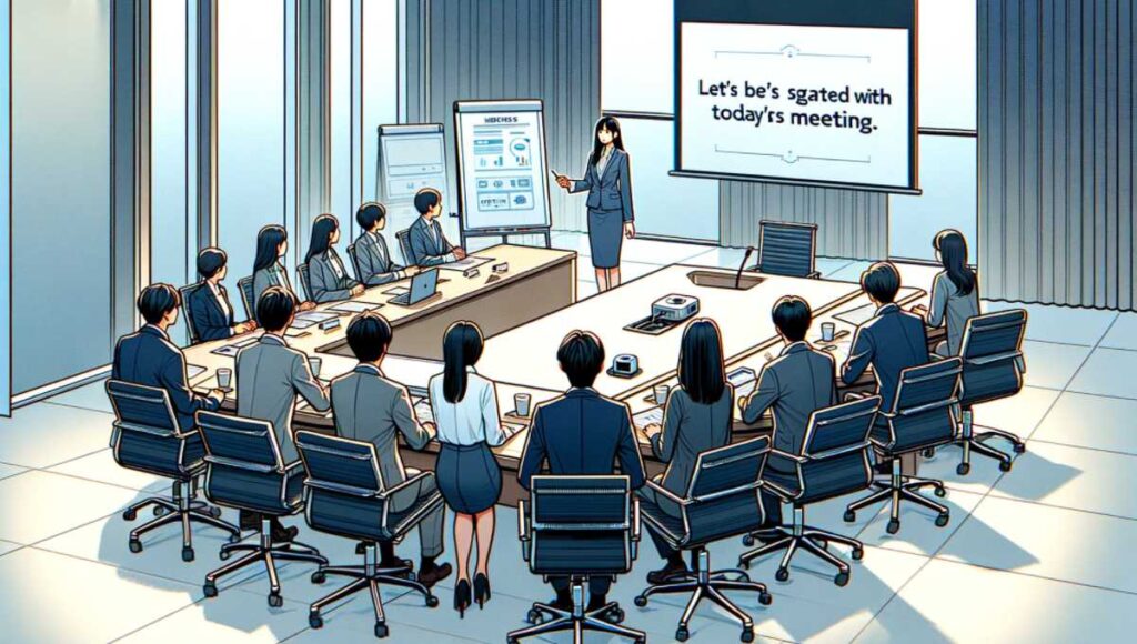 日本国内の会社の会議室で行われている社内チームミーティングの様子。日本人のビジネスウーマンが前に立ち、「Let’s get started with today’s meeting.」と言っています。会議室はモダンなデザインで、大きなテーブルや椅子、プロジェクタースクリーンがあります。チームメンバーは座って、集中して話を聞き、メモを取っています。雰囲気はプロフェッショナルで協力的です。