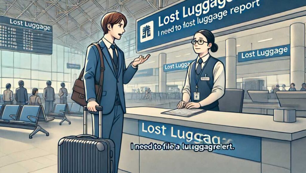 日本人のビジネスマンが外国の空港で「I need to file a lost luggage report.」と言いながら空港スタッフに話しかけているシーン。背景には空港の環境が描かれています。