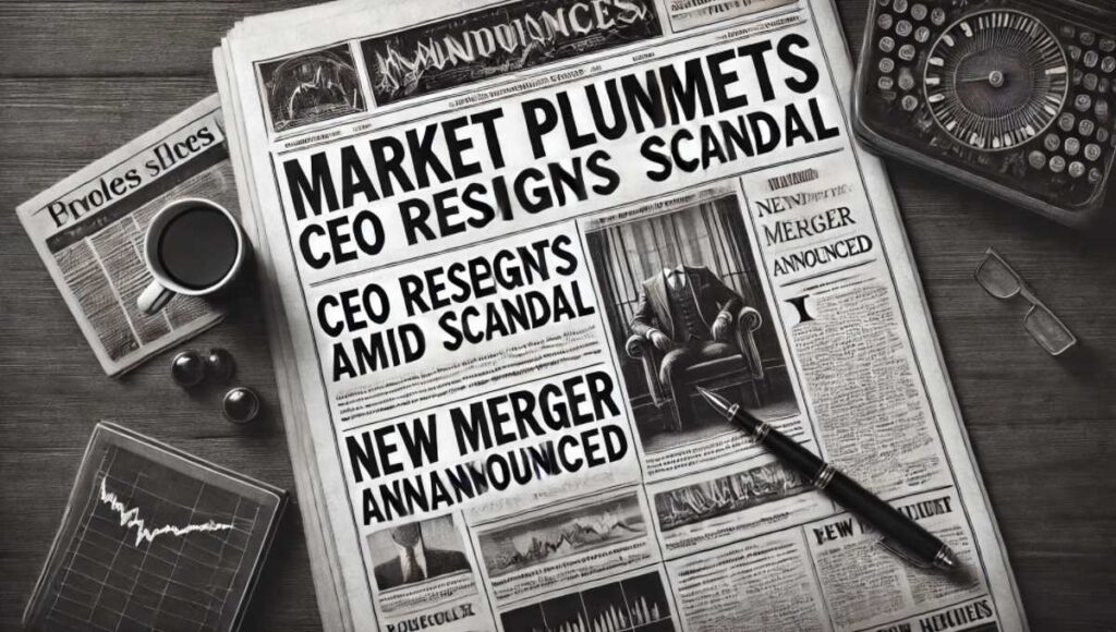 新聞記事風の画像で、「Market Plummets」「CEO Resigns Amid Scandal」「New Merger Announced」の見出しが表示されています。クラシックな新聞のレイアウトで、縦書きのカラムや太字の見出し、記事を模倣したプレースホルダーテキストが含まれています。