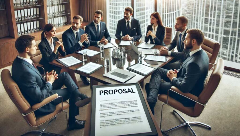 会議室で交渉を開始するシーン。スーツを着たビジネスマンやビジネスウーマンがテーブルを囲み、提案書を広げて話し合っている様子。