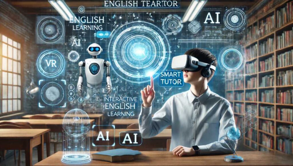 VRとAIを組み合わせた革新的な英語学習ツール「スマート・チューター」を使用している様子。背景にはバーチャルリアリティの設定やホログラフィック要素、AIインターフェースが含まれています。ユーザーがVRヘッドセットを装着し、AIが対話的に英語学習をサポートしています。