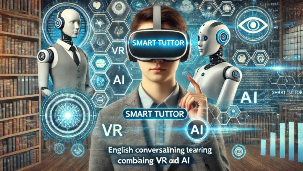 「スマート・チューター」は、VRゴーグルを装着したユーザーが仮想アバターと対話する未来的な高技術環境で、ホログラフィックディスプレイやデジタルインターフェースなどのAI要素が背景に含まれている革新的な英会話学習ツールです。