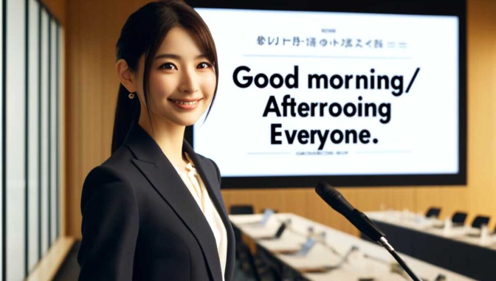 「Good morning/afternoon/evening everyone.」と表示されたスクリーンの前で、プレゼンテーションを行うプロフェッショナルな日本人女性。モダンな会議室で、聴衆に語りかけている様子。