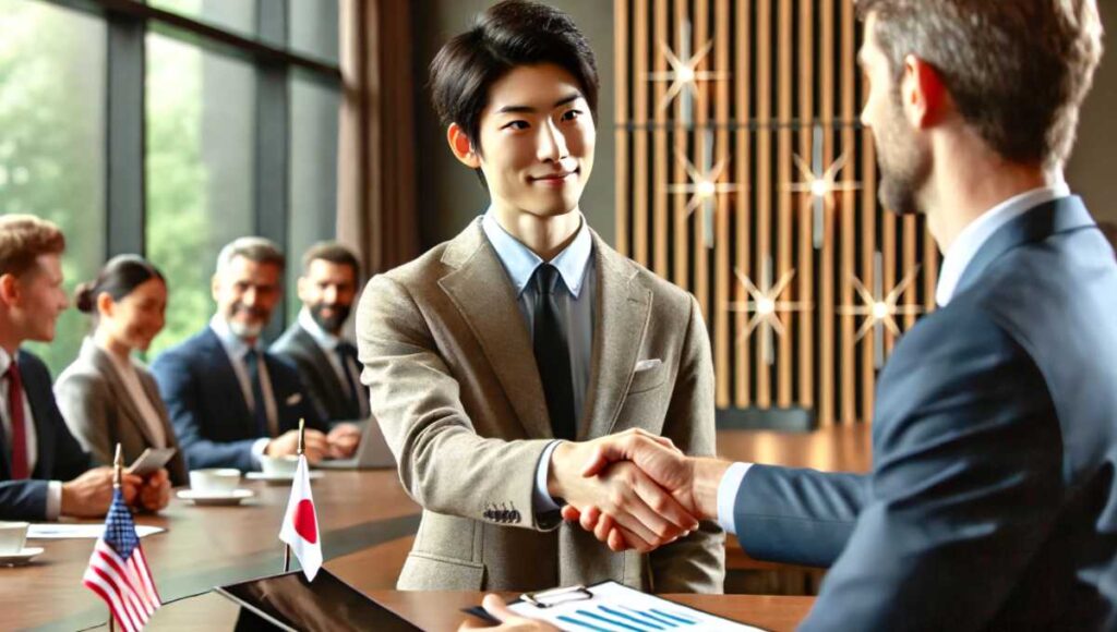 会議室で、日本人のビジネスマンがアメリカ人の同僚と握手しながら「I look forward to working with you.」と言っているシーン。