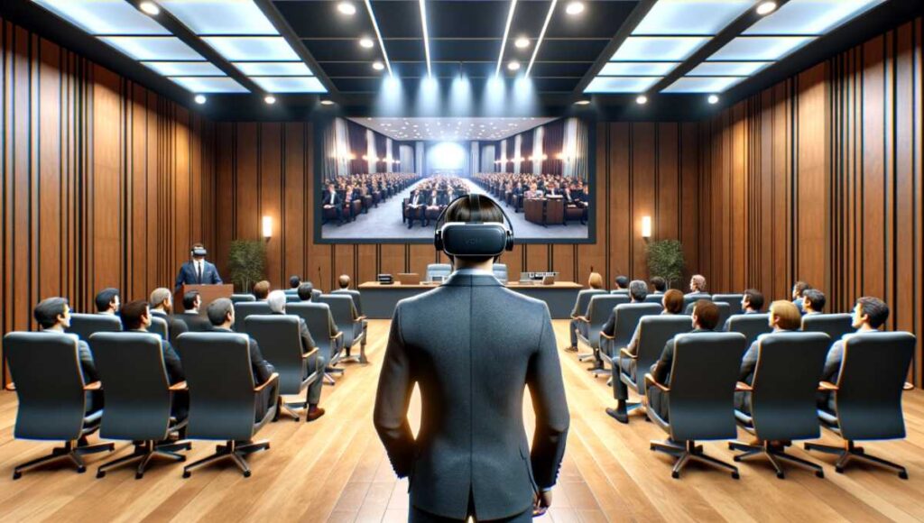 この画像は、VRヘッドセットを装着したユーザーがバーチャルなプレゼンテーションシーンに没入している様子を描いています。ユーザーはプレゼンターの位置に立ち、現代的な会議室でバーチャルな聴衆に向かっています。背景には大きなスクリーンにプレゼンテーションが表示され、席に座った聴衆が並んでいます。明るい照明がプレゼンターに集中し、VR体験の臨場感を強調しています。