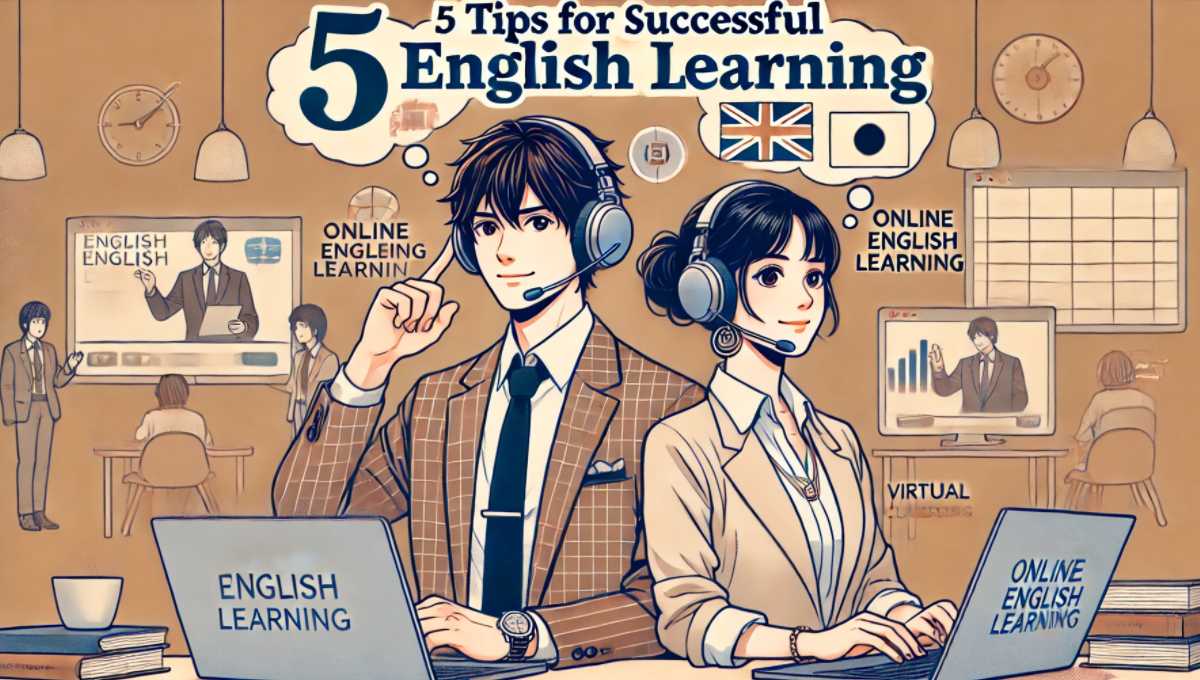 オンライン学習をしている様子。ヘッドフォンを着け、パソコンに向かい、英語学習の成功のための5つのコツを実践している。