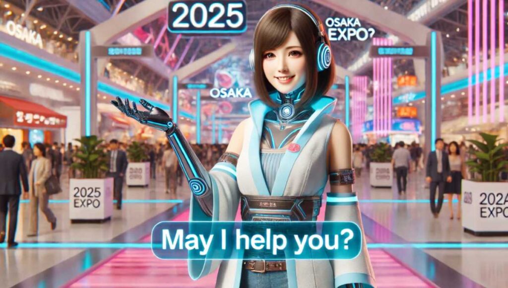 2025年の近未来的な衣装を着た日本の女性コンパニオンが、こちらに向かって「May I help you?」と英語で呼びかけている。背景にはカラフルなパビリオンと賑やかな雰囲気の未来的な博覧会のシーンが広がっている。