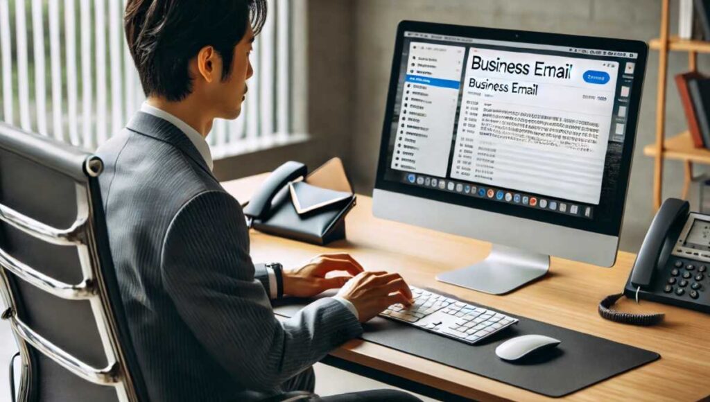 ビジネスマンが現代的なデスクに座り、ビジネスメールを作成している様子。画面には「Business Email」というテキストが表示されており、背景には整然としたプロフェッショナルなオフィス環境が広がっている。