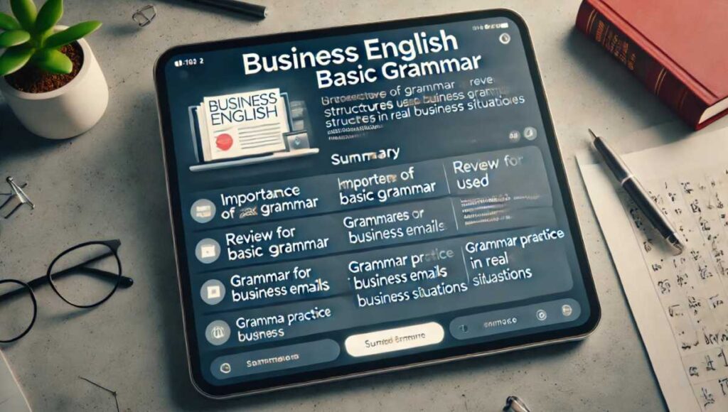 オンライン掲示板に「Business English Basic Grammar」と題された投稿。投稿内容には以下のまとめが含まれています：Importance of Grammar、Review of Basic Grammar、Grammar Structures Used in Business Scenarios、Grammar for Business Emails、Grammar Practice in Real Business Situations。インターフェースはクリーンでモダン、プロフェッショナルな見た目。