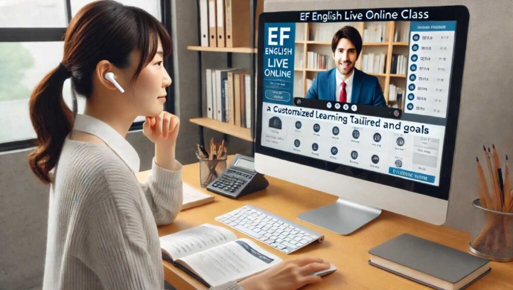 女性がオフィスで働きながら、EF English Liveのオンラインクラスを受講している。パソコンの画面には男性講師が映っている。学習プランは各受講者のレベルや目的に合わせてカスタマイズされている。モダンでプロフェッショナルなオフィス環境が描かれている。