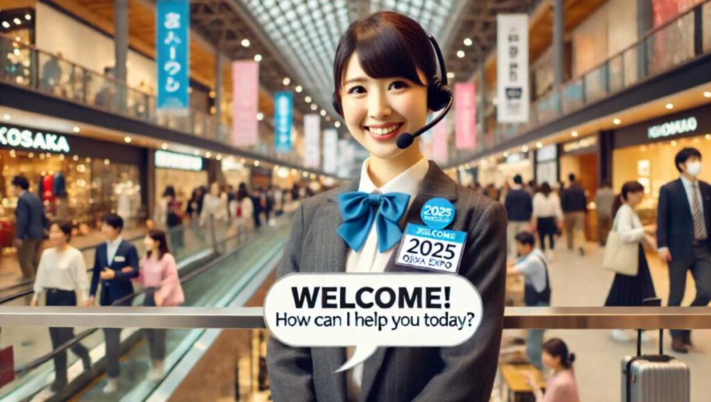 大阪万博期間中、ショッピングエリアや店舗で働くスタッフが、お客様に「Welcome! How can I help you today?」と英語で話しかけている。背景には賑やかで活気あるショッピングエリアが広がっている。