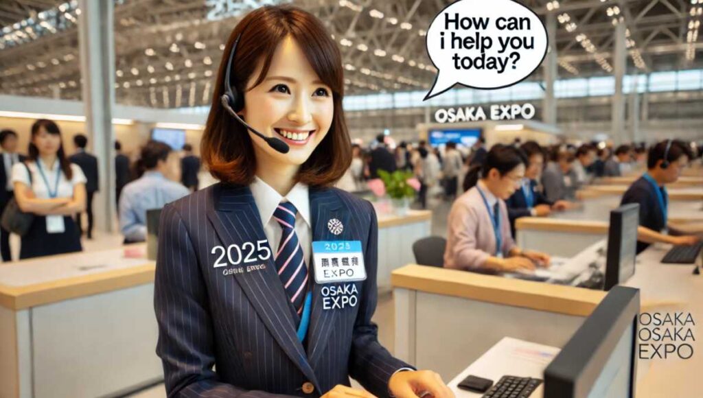 大阪万博期間中、カスタマーサービスの現場でスタッフが「How can I help you today?」と英語で話しかけている。スタッフはプロフェッショナルな現代的な服装をしており、背景には忙しく活気あるカスタマーサービスエリアが広がっている。