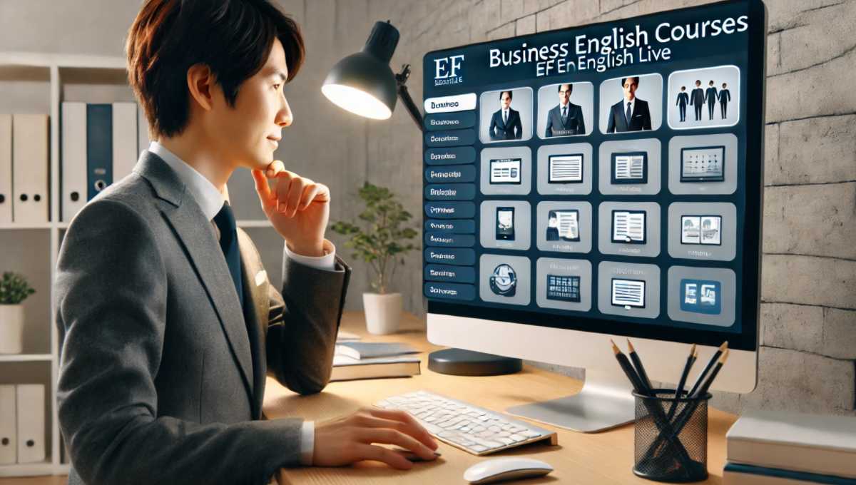 EF English Liveが提供するビジネス英語に特化した多様なコースを閲覧する日本人ビジネスマン。コンピュータ画面にさまざまなコースオプションが表示され、興味を持って見入っている。