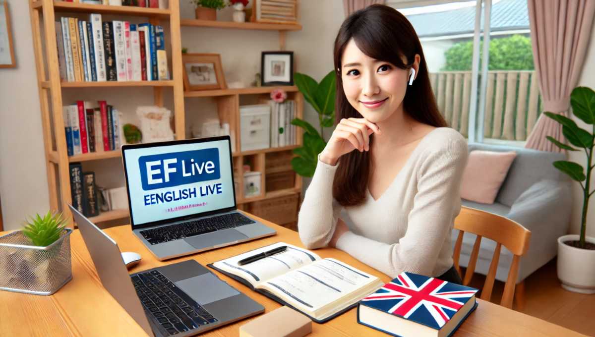 日本人の女性がEF English Liveのオンラインレッスンでビジネス英語を効率的かつ効果的に学んでいる様子。