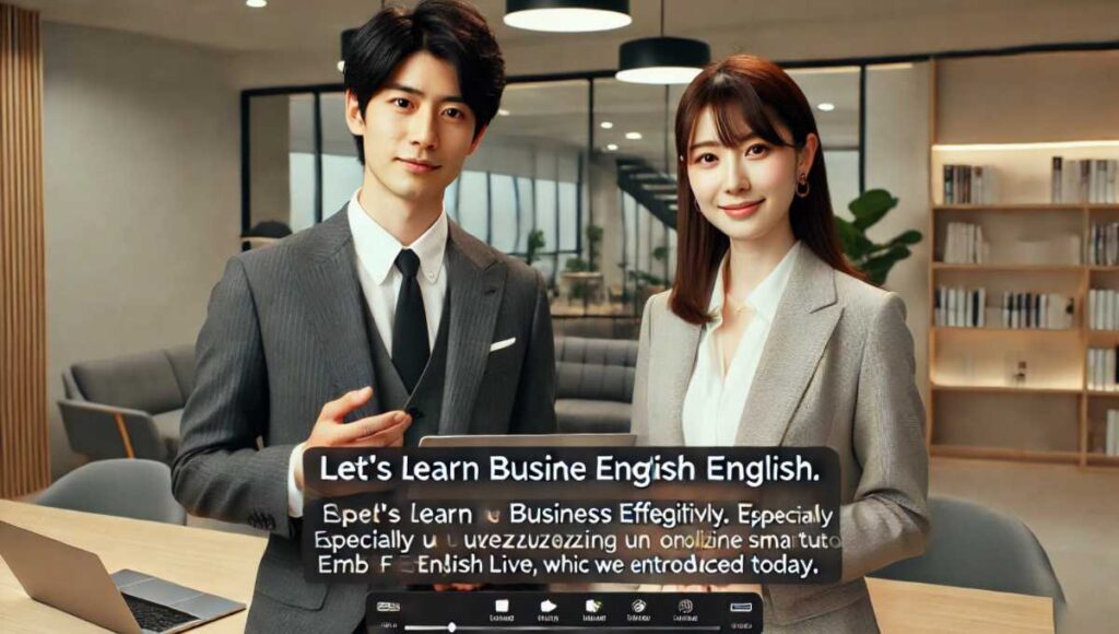 オフィスの男女が「Let's learn business English effectively. Especially by utilizing online resources such as Smart Tutor, Cambly, and EF English Live, which we introduced today.」とオンラインの向こうの読者に呼びかけている様子。彼らはプロフェッショナルな服装をしており、自信に満ちて親しみやすい表情をしています。オフィス環境は洗練されており、現代的なデコレーションが施されています。