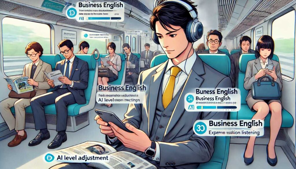 ビジネスマンが朝の通勤電車の中でヘッドフォンをつけ、携帯端末を見ながらビジネス英語を学習している様子。AIによるレベル調整や会話練習、多読多聴を取り入れるオンライン学習ツールを活用して効率的に学習を進めている日本の通勤電車の様子。