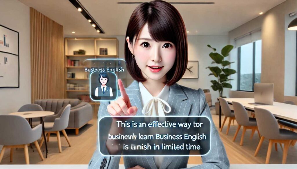 女性が「This is an effective way for businessmen to efficiently learn business English in a limited time.」と英語で案内している様子。オフィス環境は洗練されており、現代的なデコレーションが施されています。彼女は自信に満ちており、情報を提供している様子で、コンピュータの画面にはビジネス英語学習ツールが表示されています。