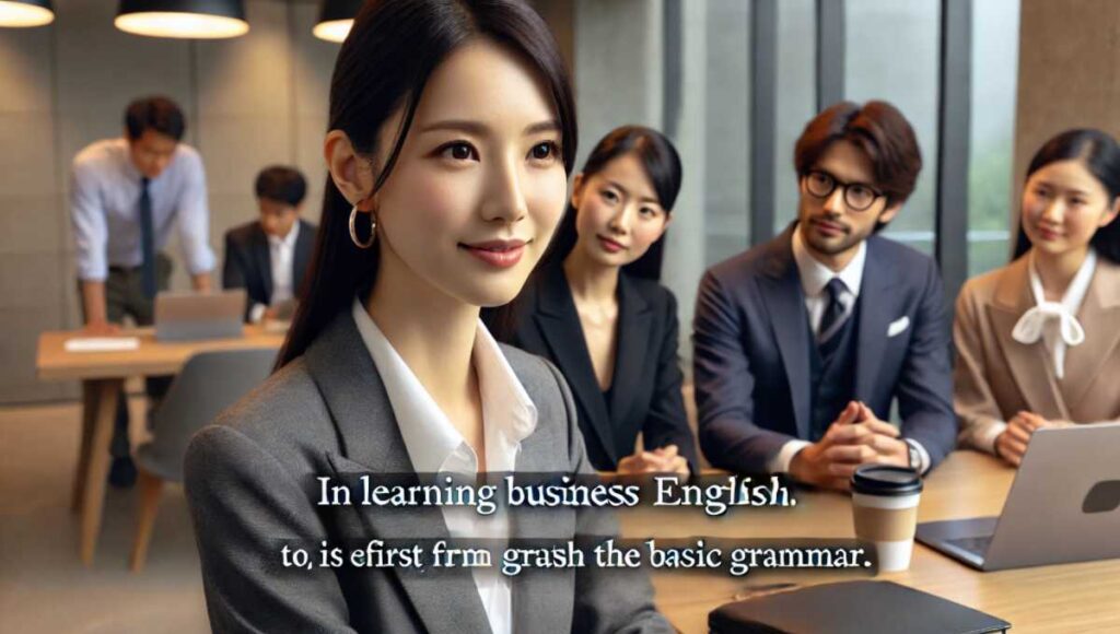 女性が「In learning business English, it is essential to first firmly grasp the basic grammar.」と英語で話している様子。彼女はプロフェッショナルな服装をしており、自信に満ちた表情をしています。周りの同僚たちも真剣に聞いています。オフィス環境は洗練されており、現代的なデコレーションが施されています。