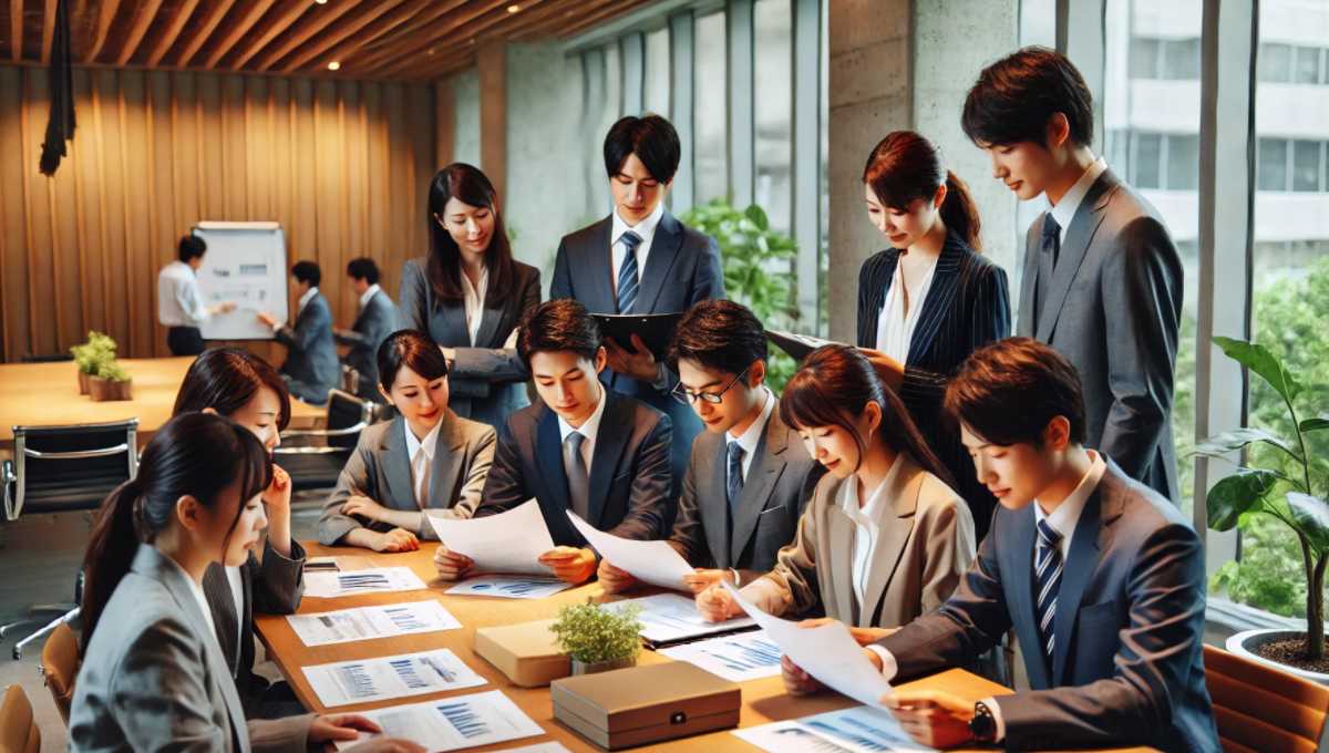 ビジネス英語を学ぶ小人数の日本人グループ。現代的なオフィス環境でビジネス書類を読み、会話の練習をしている。集中し、協力的な雰囲気。
