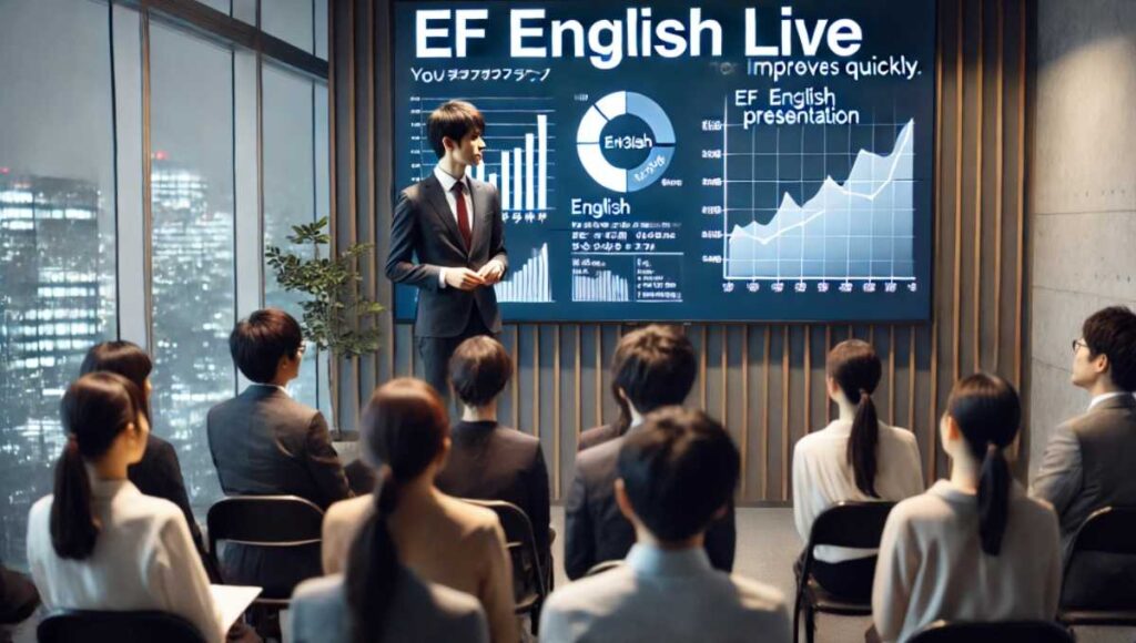 英語でプレゼンテーションを行う日本人プロフェッショナル。現代的なオフィス環境で、ビジネスプレゼンテーションを表示するスクリーンと、注意深く聞いている少人数の聴衆。プロフェッショナルで集中した雰囲気。