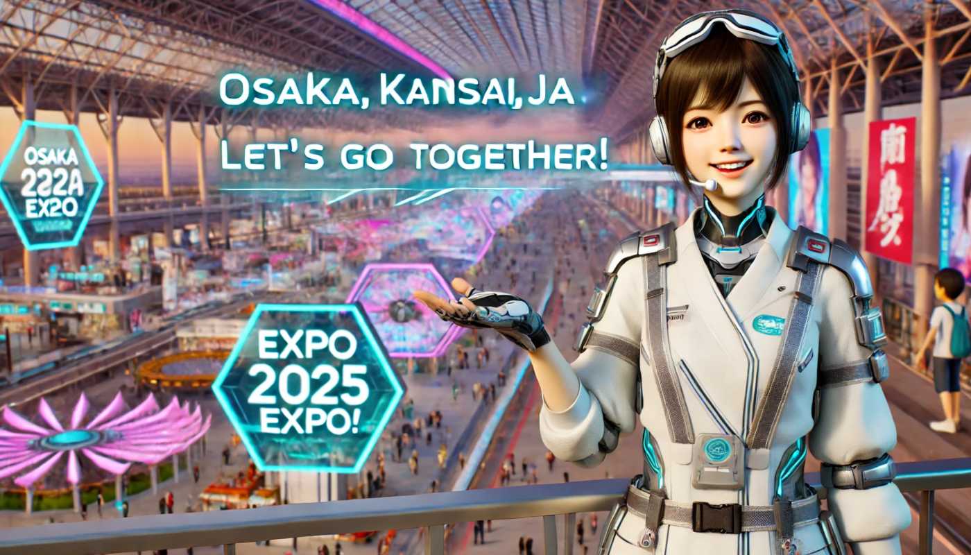 2025年の近未来的な衣装を着た日本の女性コンパニオンが、こちらに向かって「osaka,kansai,japan EXPO2025 Let's go together!」と英語で呼びかけている。背景にはカラフルなパビリオンと賑やかな雰囲気の未来的な博覧会のシーンが広がっている。