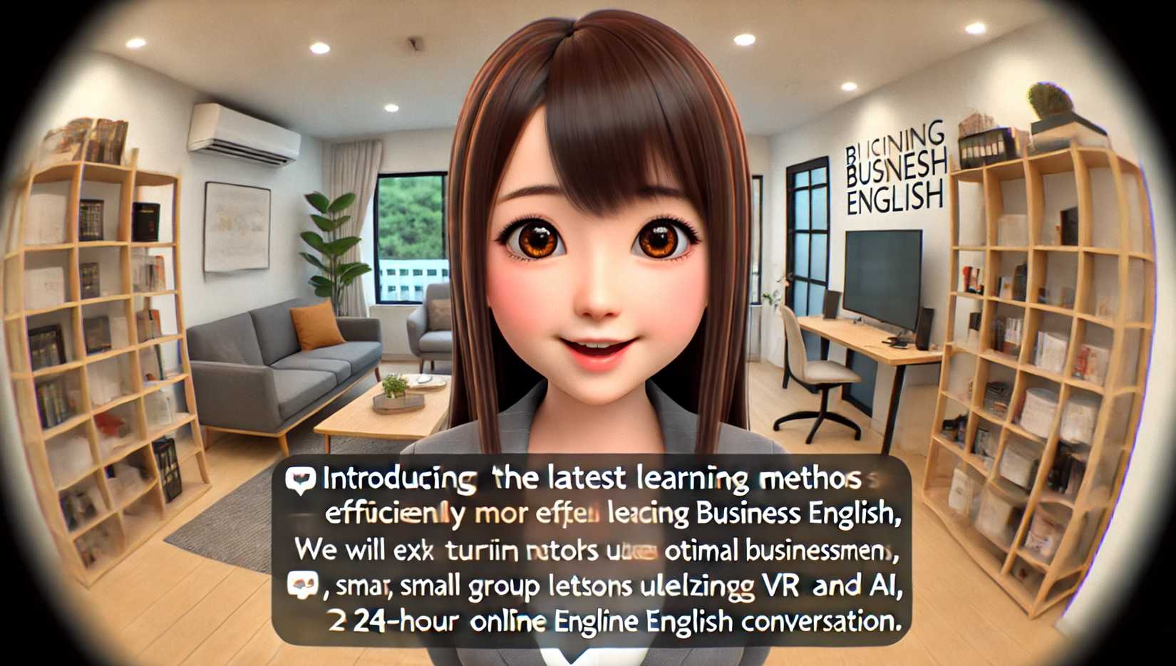 オフィスの女性が「Introducing the latest methods for efficiently learning business English. We will explain optimal learning methods for busy businessmen, such as Smart Tutor utilizing VR and AI, small group lessons, and 24-hour online English conversation.」と話している様子。彼女の顔が画面から飛び出しているように見え、オフィス環境は洗練されており、現代的なデコレーションが施されています。