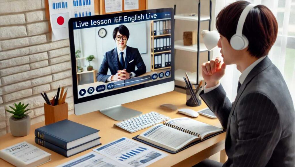 EF English Liveのプロの講師とのライブレッスンに参加する日本人ビジネスマン。レッスンが表示されたコンピュータ画面と、ビジネス関連の教材が机に並んでいる。真剣で集中した雰囲気が伝わる。