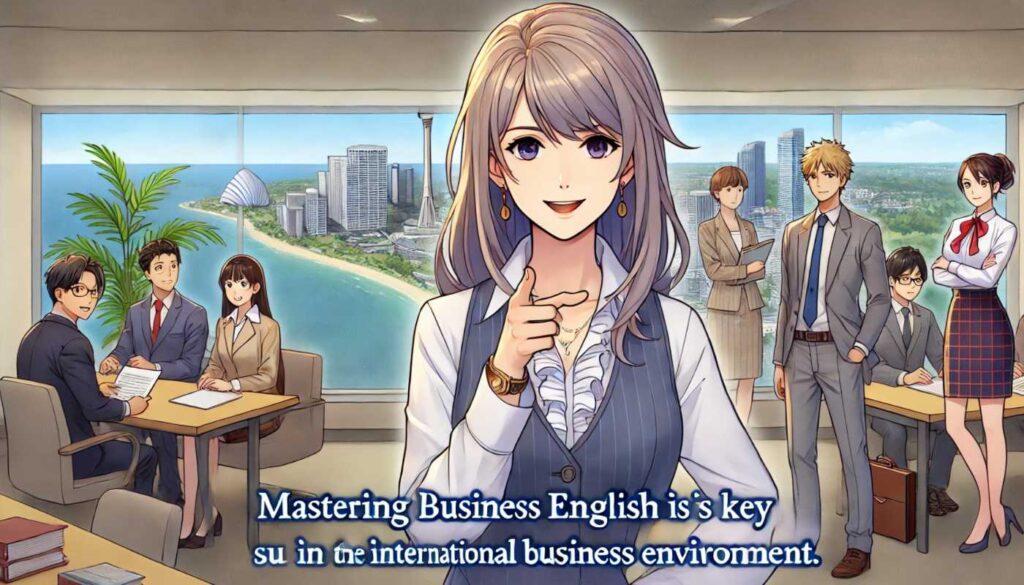 オフィスの女性が「Mastering business English is key to success in the international business environment.」と呼びかけている様子。背景には外国人のビジネスマンと海外の景色が見える。