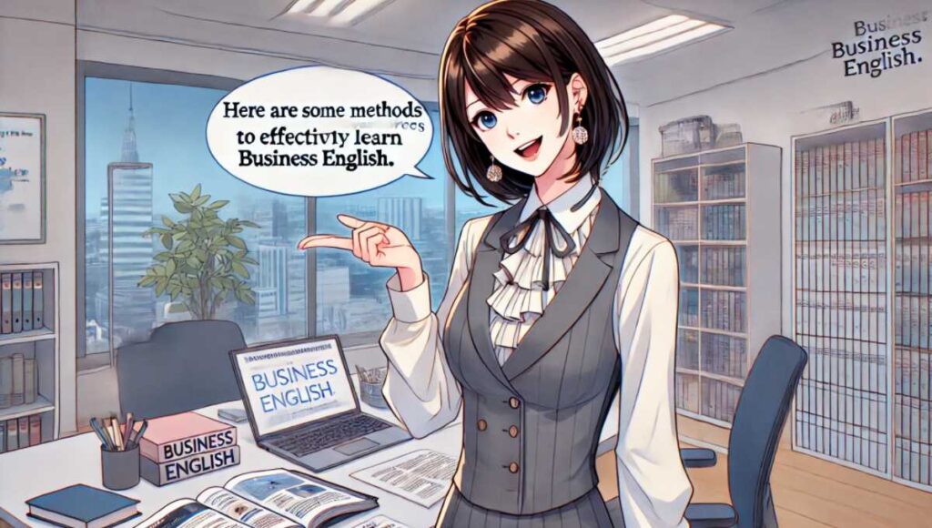 オフィスの女性が読者に「Here are some methods and resources to effectively learn business English.」と呼びかけている様子。デスクにはラップトップや本、他の学習資料が置かれている。