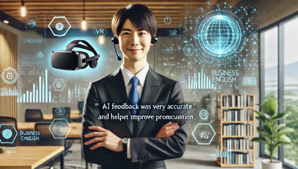日本人ビジネスパーソンが満足げな表情でVRヘッドセットを持ち、モダンなオフィスに立っている。背後のホログラフィックディスプレイには「AIのフィードバックが非常に的確で、発音の改善に役立った」などのポジティブなレビューが表示されている。仮想学習の要素が含まれ、スマート・チューターが効果的なビジネス英語学習方法であることを示している。