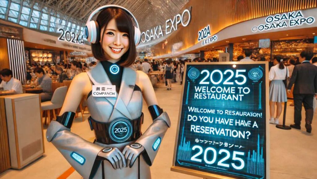 2025年の近未来的な衣装を着た日本の女性コンパニオンが、博覧会会場のレストランで到着したお客様を迎え、「Welcome to Restaurant Name! Do you have a reservation?」と英語で話しかけている。背景にはスタイリッシュでモダンなレストランのシーンが広がっている。