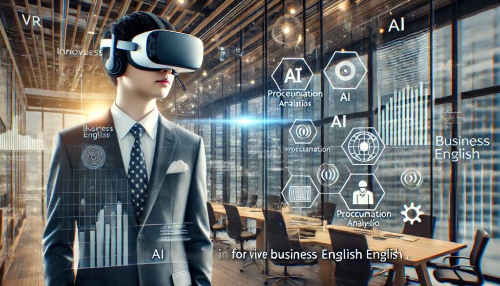 日本人のビジネスパーソンがVRヘッドセットを装着し、仮想現実のオフィス環境で実際のビジネスシーンを体験しながら英語を学んでいる様子。AIが発音分析やリアルタイムフィードバックを提供し、効果的な学習をサポートしている。ホログラフィックディスプレイ、バーチャル会議室、インタラクティブな要素が含まれ、最先端の技術を活用した学習方法を示している。