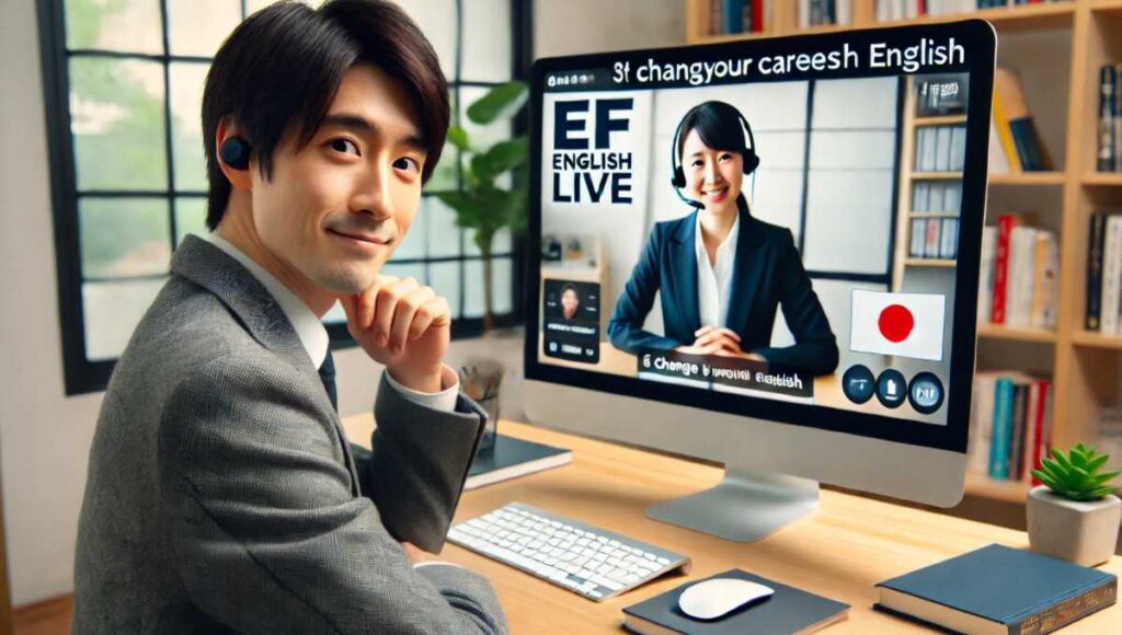 EF English Liveのプロの講師とのライブレッスンに参加する日本人ビジネスマン。カメラに向かって英語でキャリアを変えるための一歩を踏み出そうと呼びかけている。真剣で集中した雰囲気が伝わる。